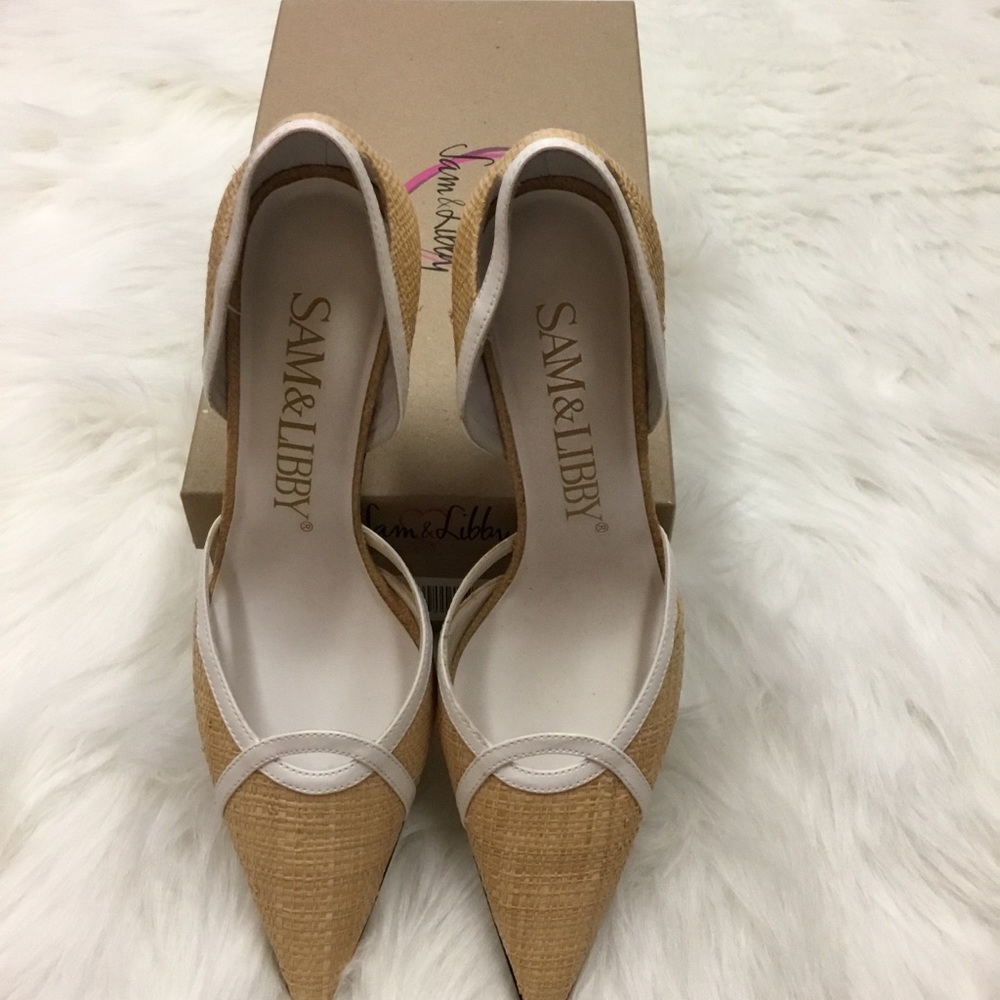 Sam & Libby Natural Straw & White Pumps 8M